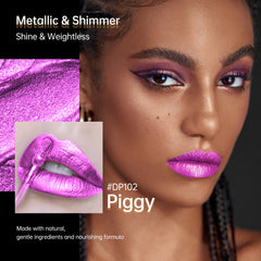 Depuplum purple metallic lipstick visual 2 highlighting lightweight, shimmering finish.