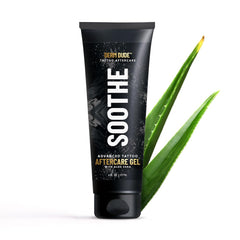 Derm Dude Tattoo Soothing Gel tube close-up shows calming formula for new tattoos
