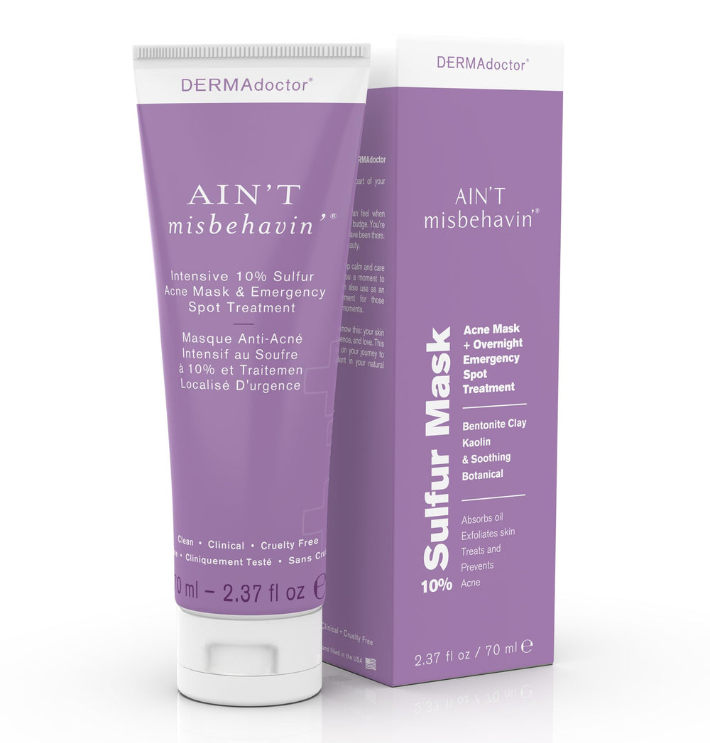 DERMAdoctor Ain't Misbehavin sulfur mask packaging shown for easy acne care at home.