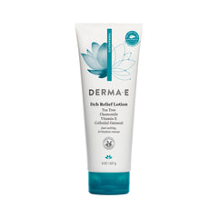 Derma E Itch Relief Lotion bottle showing lightweight hydration for dry skin.