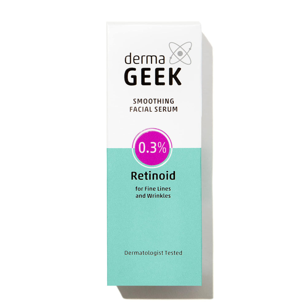 Derma Geek Smoothing Serum bottle front, showing daily smoothing with gentle retinoid.
