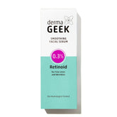 Derma Geek Smoothing Serum bottle front, showing daily smoothing with gentle retinoid.