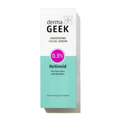 Derma Geek Smoothing Serum bottle front, showing daily smoothing with gentle retinoid.