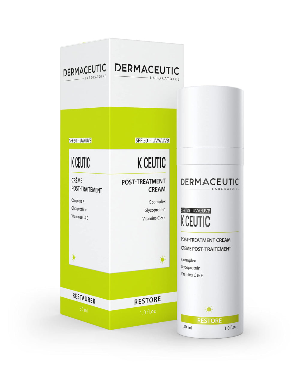 Dermaceutic K Ceutic post-treatment cream bottle with SPF 50 for protective skin care after procedures