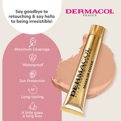 Dermacol packaging close-up highlighting water resistance and long-lasting finish.