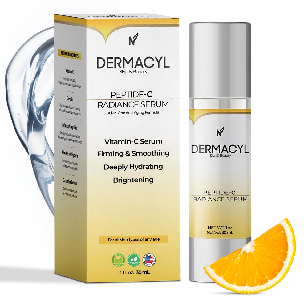 Dermacyl Peptide-C Radiance Serum bottle shows sleek design for radiant skin