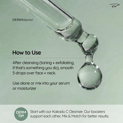 DERMAdoctor Kakadu C serum pump close-up showing silky, easy-to-dispense formula.