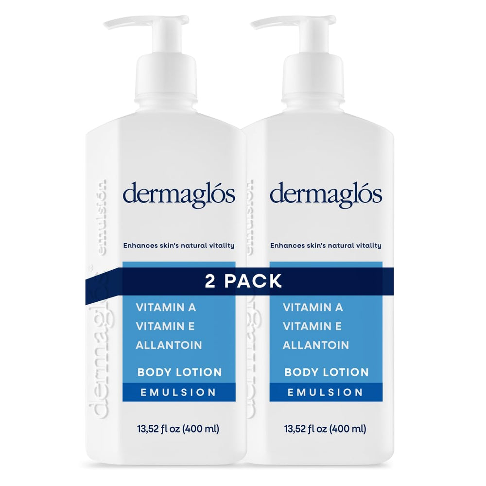 Dermaglós moisturizing body lotion bottle in a 2-pack for daily hydration.