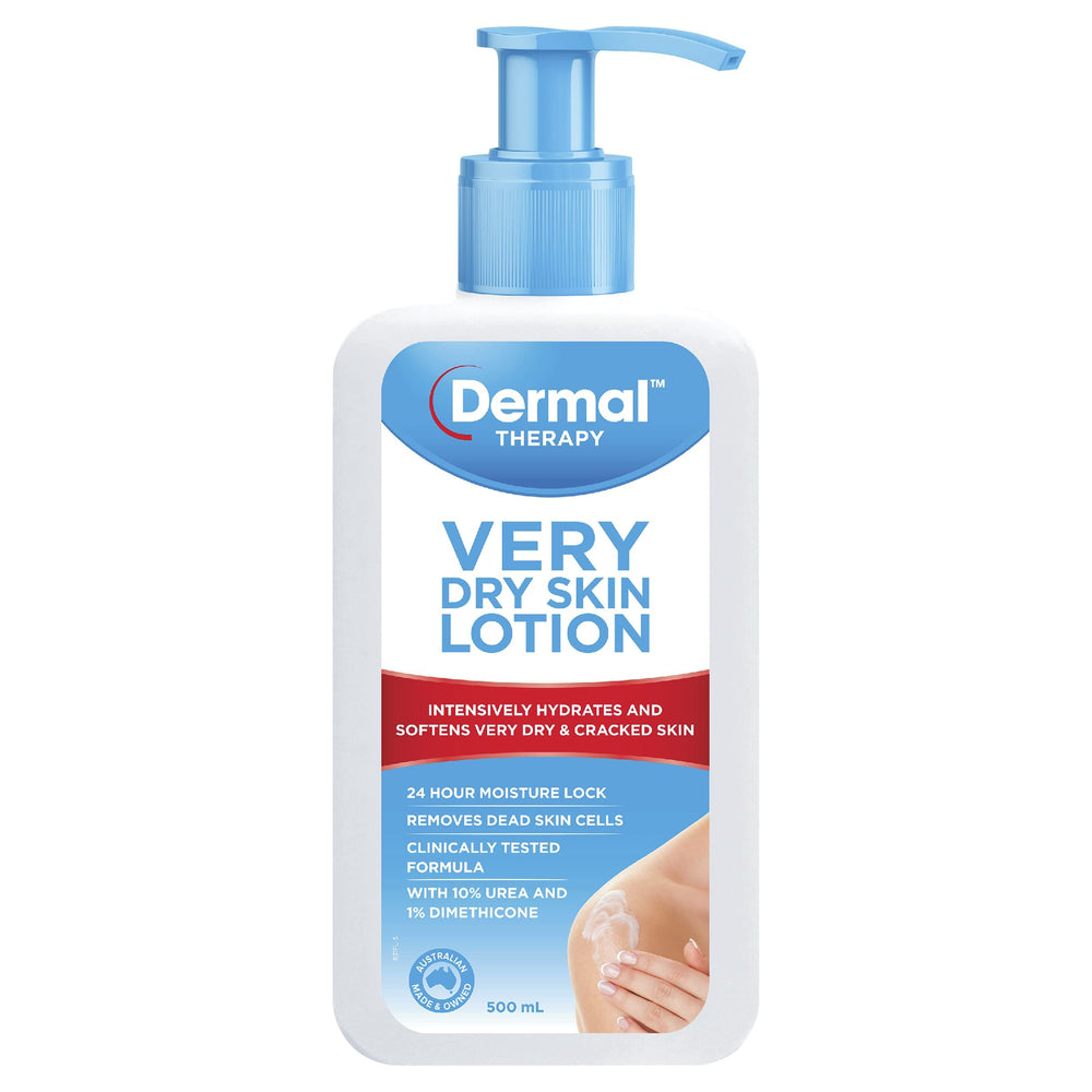 Dermal Therapy Very Dry Skin Lotion bottle front label highlighting hydration support.