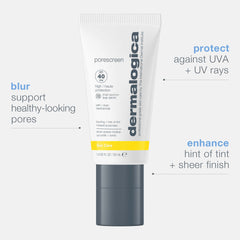 Dermalogica Porescreen SPF 40 blur finish on skin for smoother texture.
