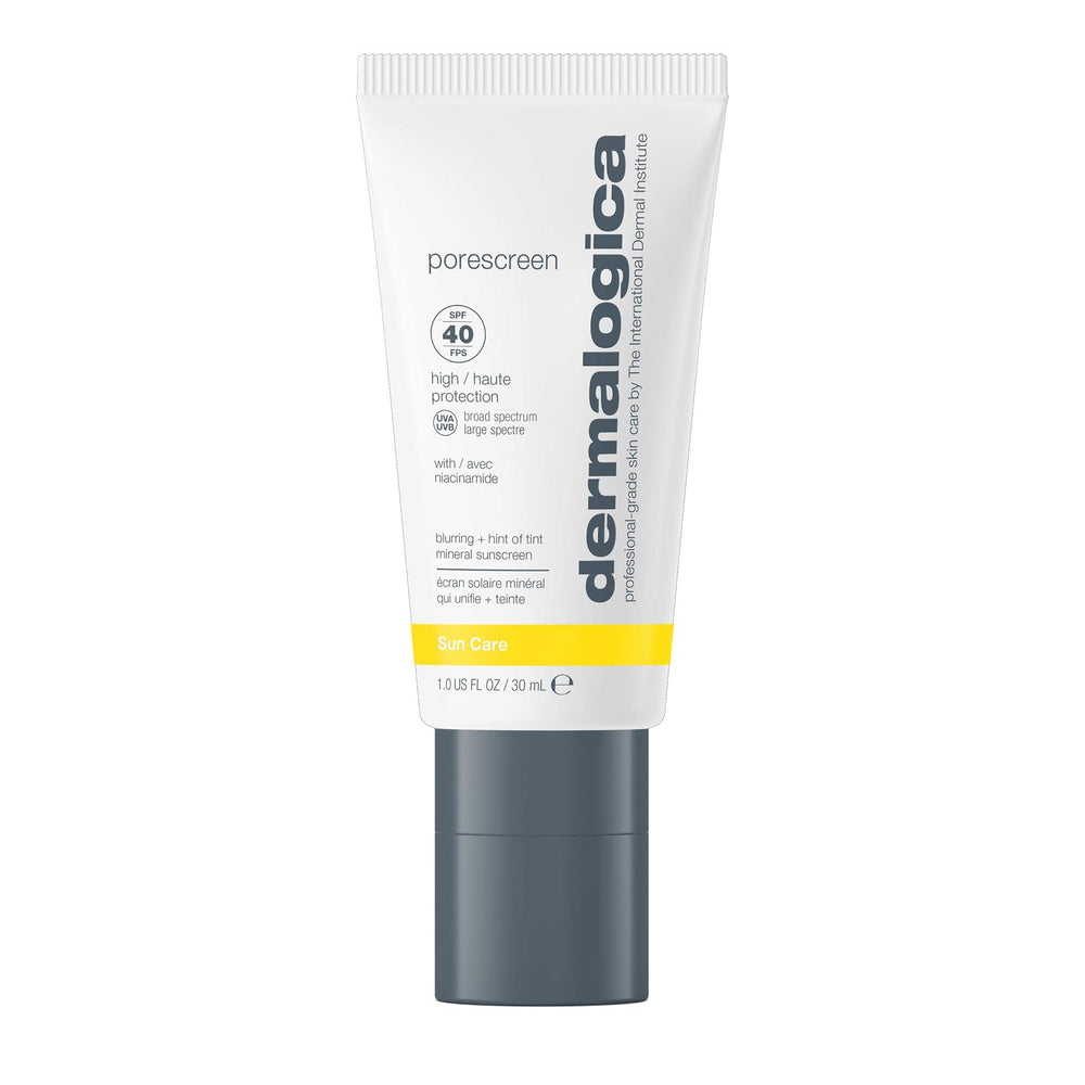 Dermalogica Porescreen SPF 40 face application showing blurred pores for a refined look.