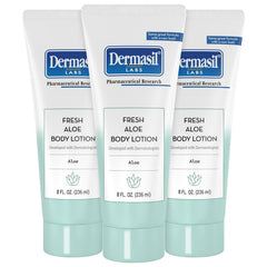 Dermasil Fresh Aloe lotion bottle demonstrates fast-absorbing hydration for dry skin.