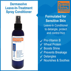 Dermasolve psoriasis leave-in spray mist on hair for smooth styling without irritation.