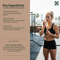 Dermasport SPF 50 bottle being squeezed to illustrate quick absorption during workouts.