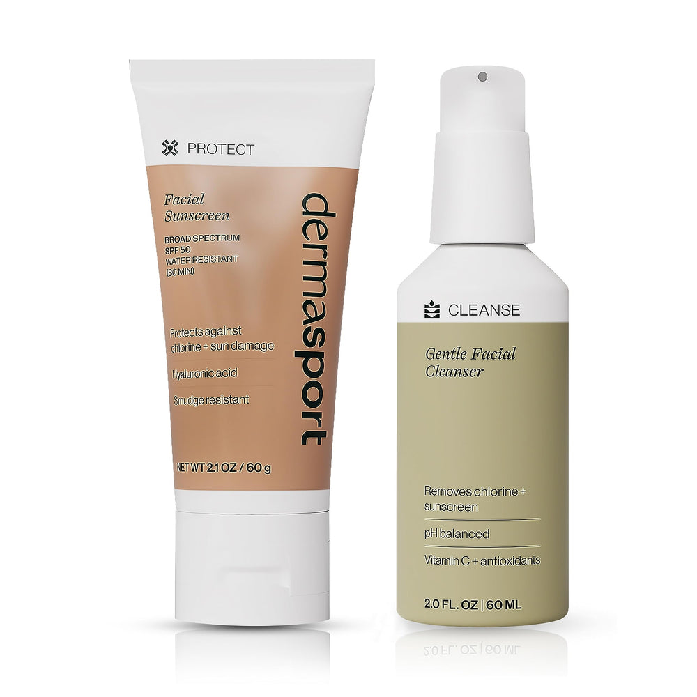 Dermasport SPF 50 sunscreen bottle front view for swimmers, offering broad coverage.