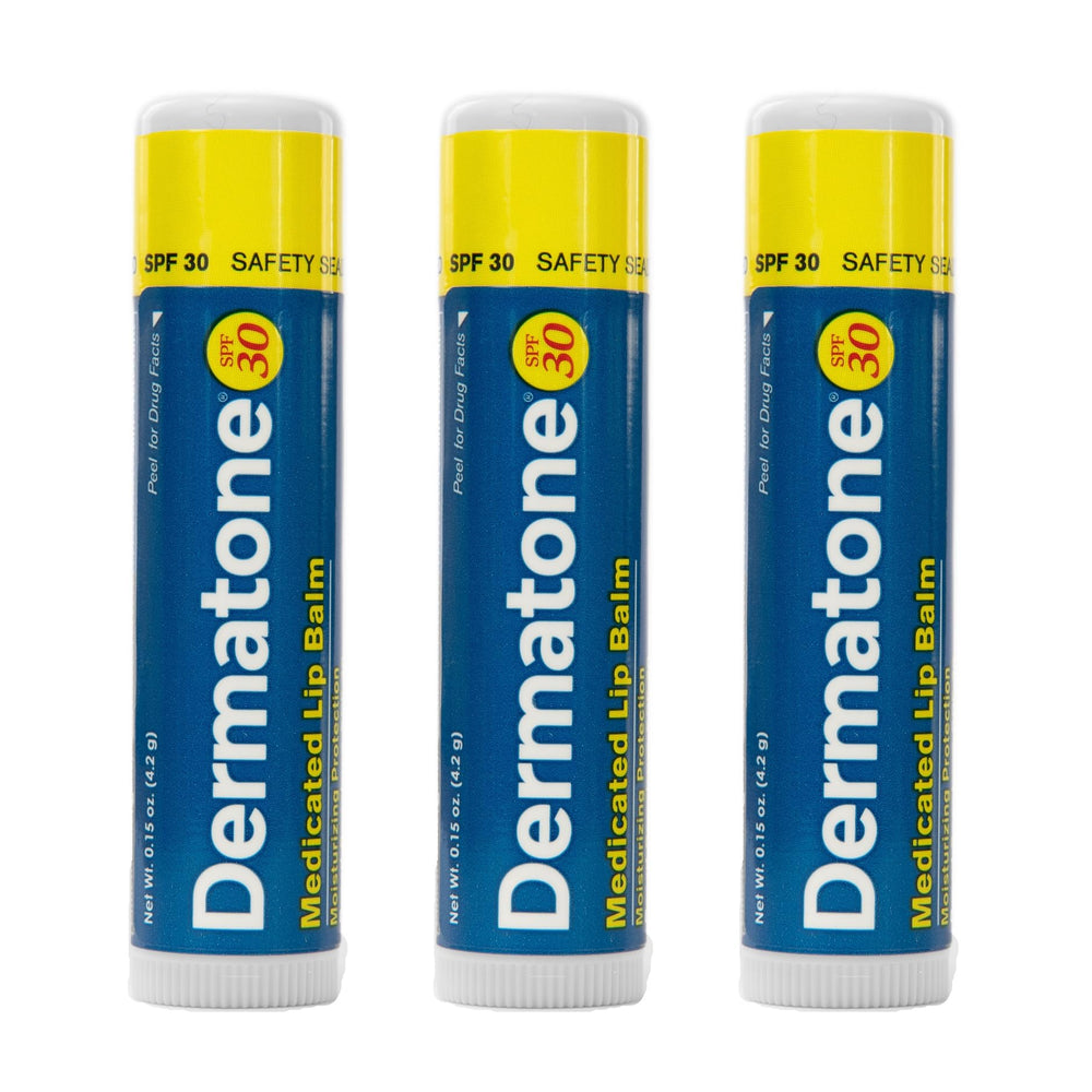 Dermatone lip balm SPF 30 jar on hand moisturizes dry lips with cocoa butter and aloe.