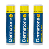 Dermatone lip balm SPF 30 jar on hand moisturizes dry lips with cocoa butter and aloe.
