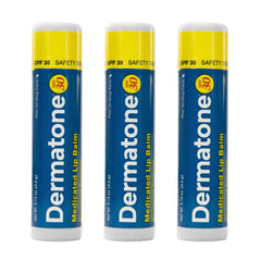 Dermatone lip balm SPF 30 jar on hand moisturizes dry lips with cocoa butter and aloe.