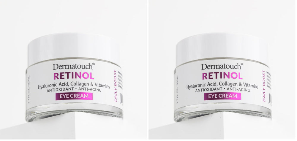 DERMATOUCH Retinol Eye Cream bottle close-up highlighting hydration texture.