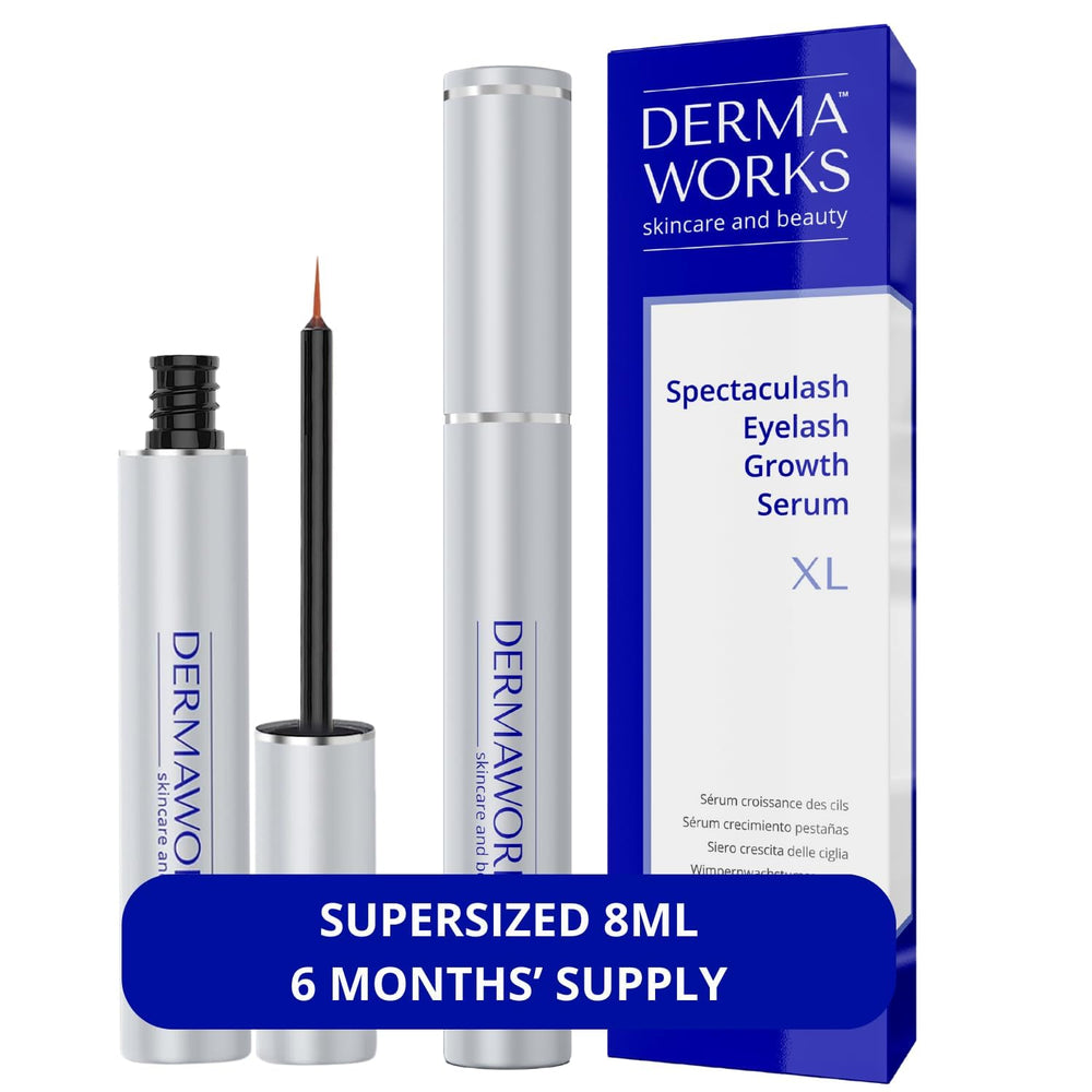 Dermaworks Spectaculash XL bottle close-up shows elegant lash serum packaging for easy nightly care at home.