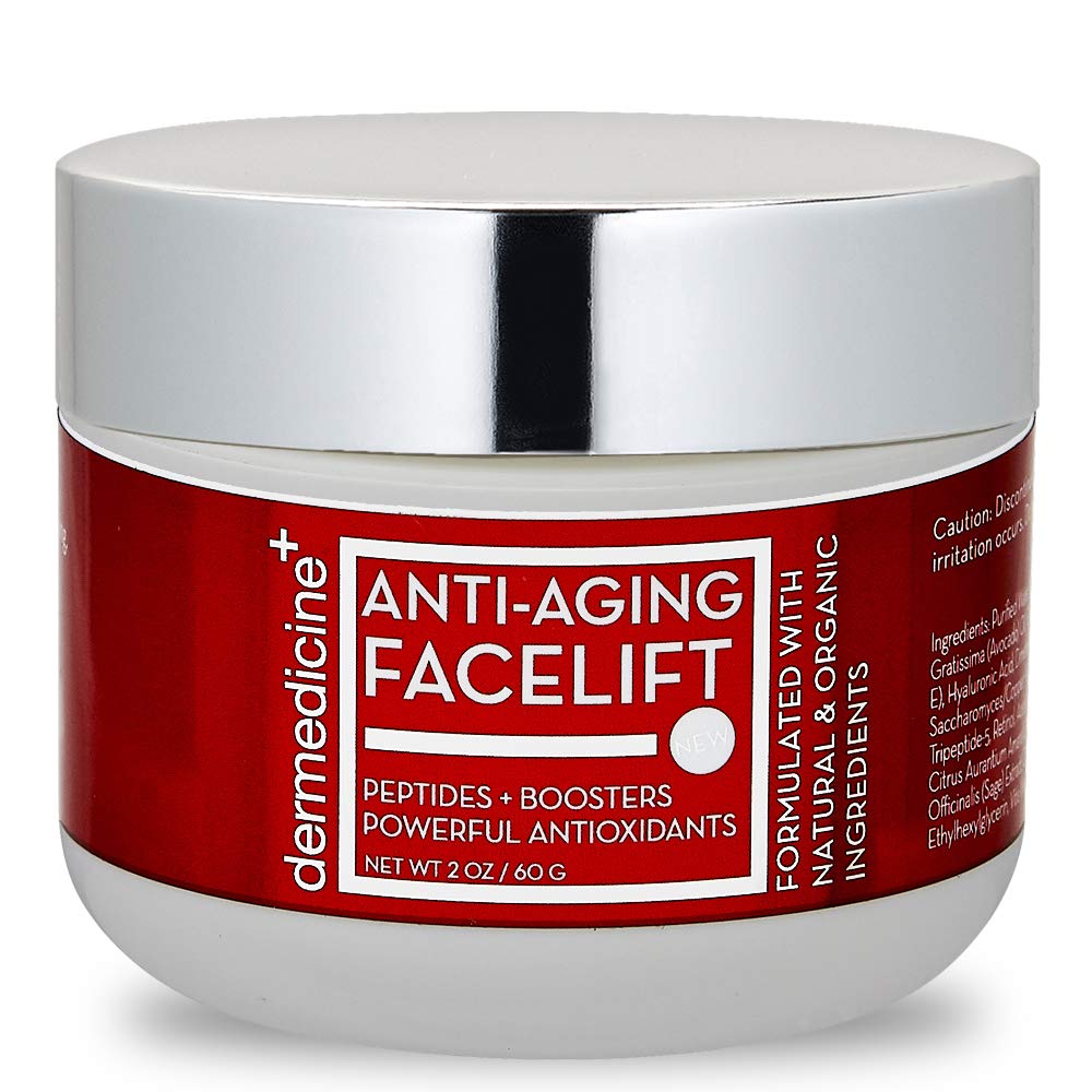 Dermedicine Natural Anti-Aging Facelift Cream bottle highlights hydration and smoothing