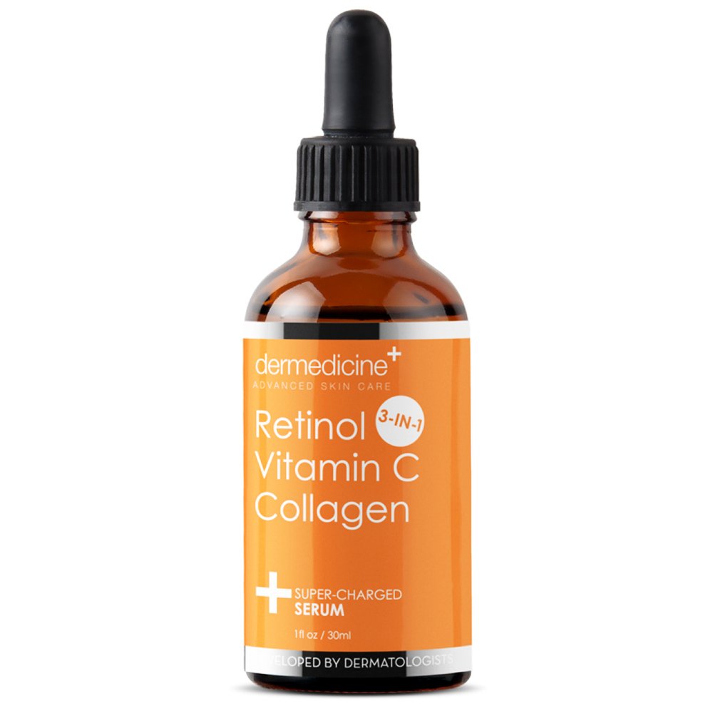 Dermedicine Retinol Vitamin C Collagen serum bottle highlights brightening and anti-aging benefits.