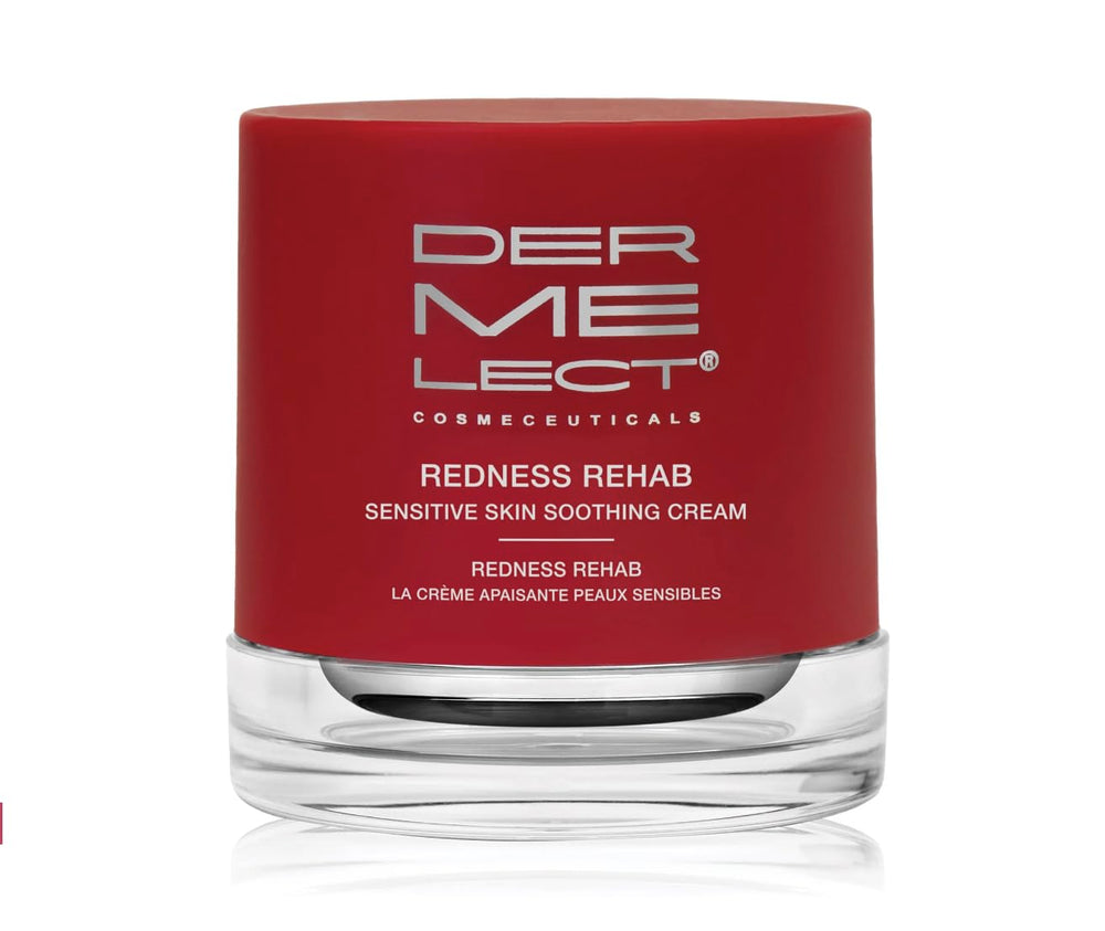 Dermelect Redness Rehab face cream jar demonstrates soothing, hydrating protection for sensitive skin.
