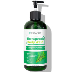 DERMOIA Tea Tree Oil Body Wash bottle demonstrates soothing cleanse for sensitive skin.