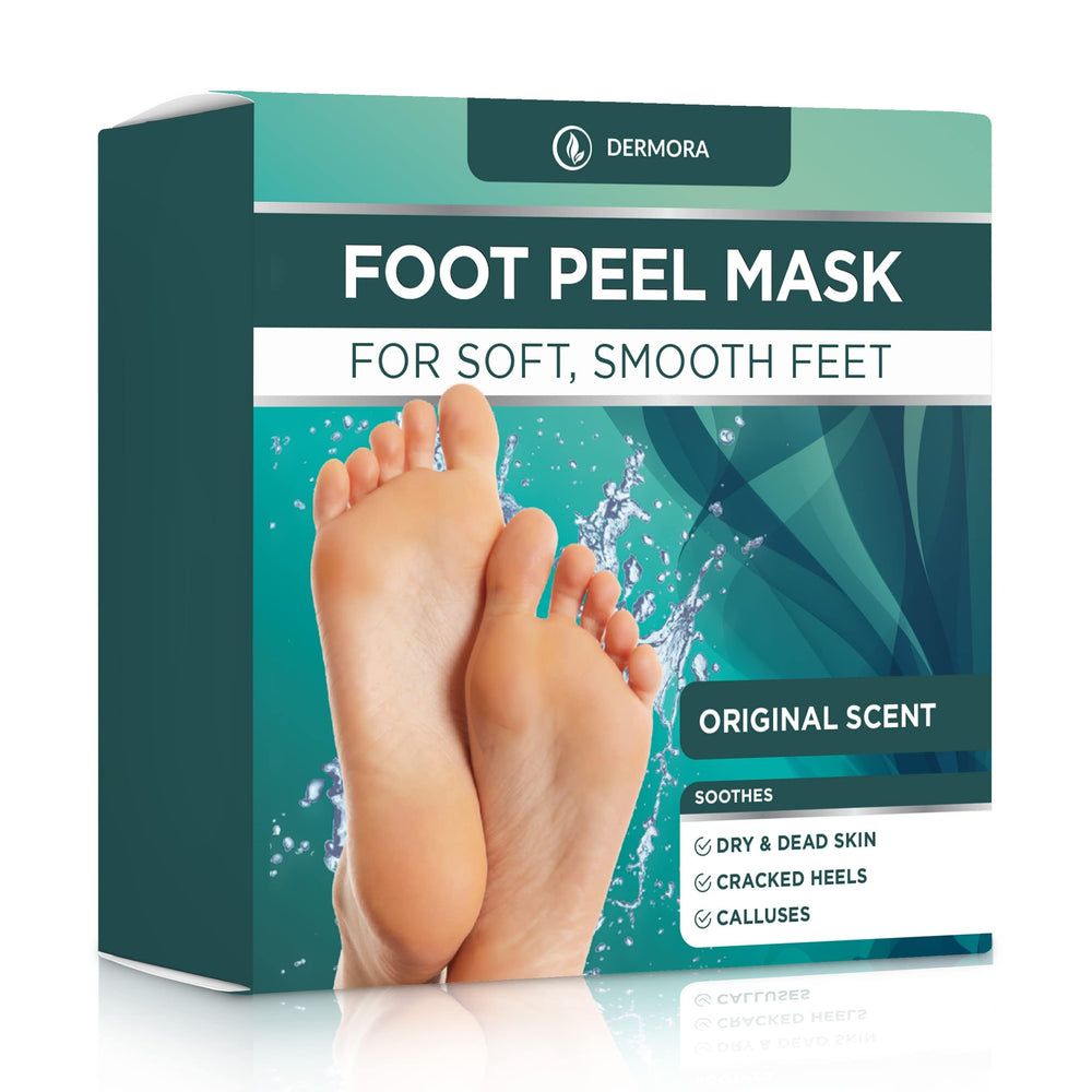 DERMORA Foot Peel Mask pack-4 front view highlights brand and gift-ready packaging