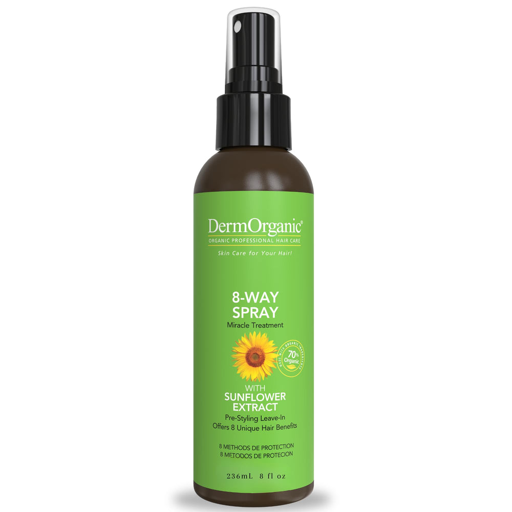 DermOrganic 8-Way Thermal Spray bottle ready for styling, supports color protection