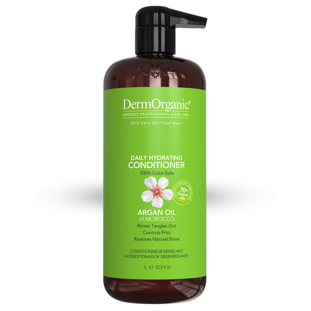 DermOrganic Daily Hydrating Conditioner bottle shows a hydrating formula for dry hair.