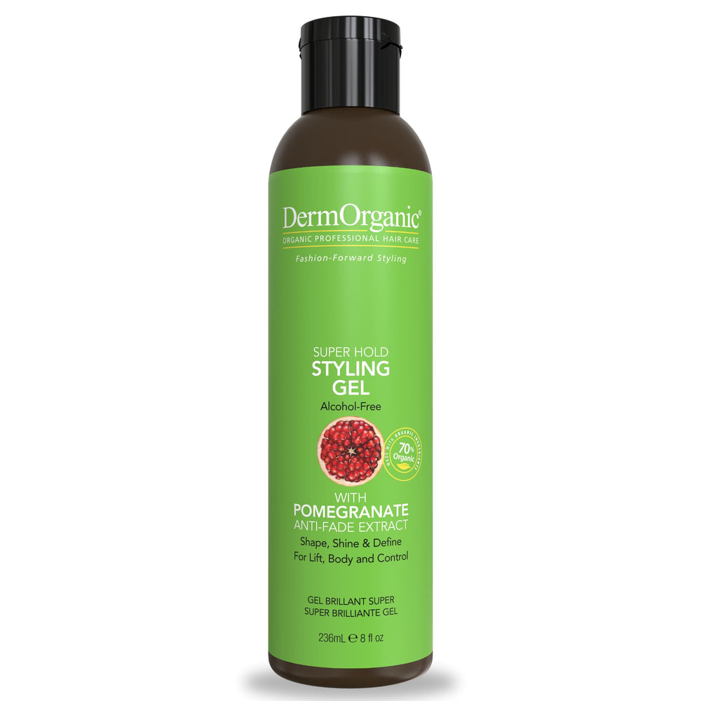 DermOrganic Super Hold gel bottle closeup highlighting alcohol-free formula.