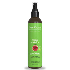 DermOrganic Super Scrunch Hairspray bottle pour demonstrates fast-drying, maximum hold for styles.