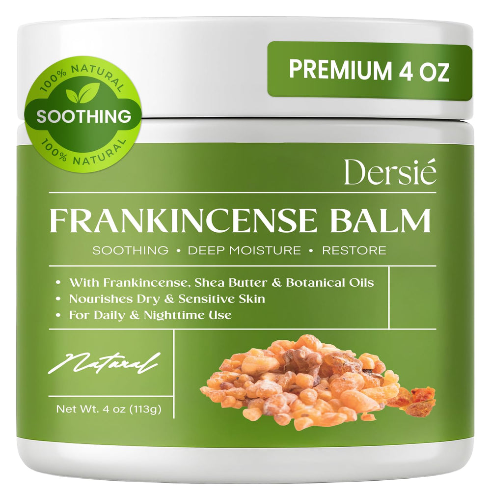 Dersie Frankincense Balm jar front shows 4 oz size for extended use