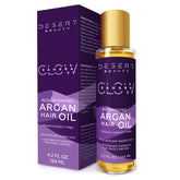 Desert Beauty Argan Oil bottle pour shows a lightweight formula for quick absorption and shine