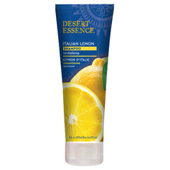 Desert Essence Italian Lemon Clarifying Shampoo pump showing easy lather and fresh scent