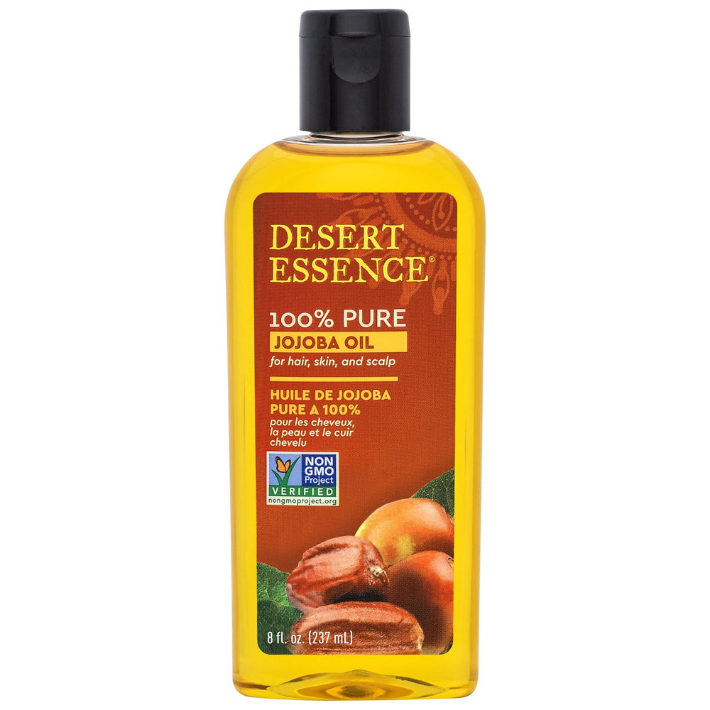 Desert Essence Jojoba Oil bottle for skin and hair hydration.