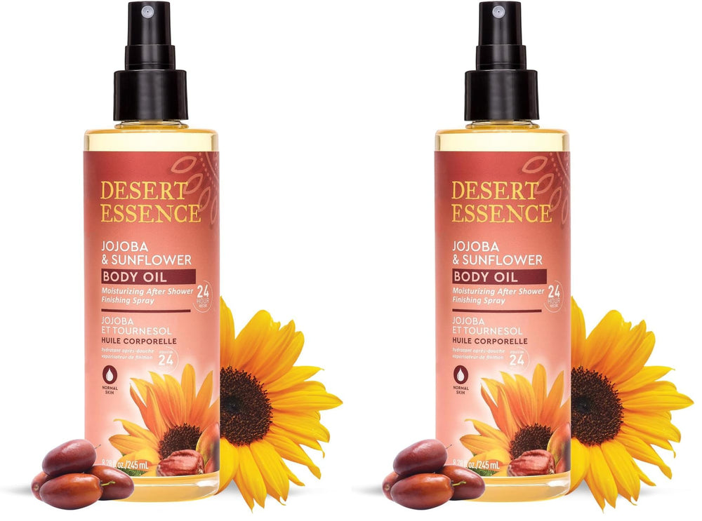 Desert Essence jojoba-sunflower body oil spray bottle delivering lightweight hydration