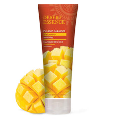 Desert Essence Mango Island Shampoo lather closeup highlights rich cleansing and mango aroma.