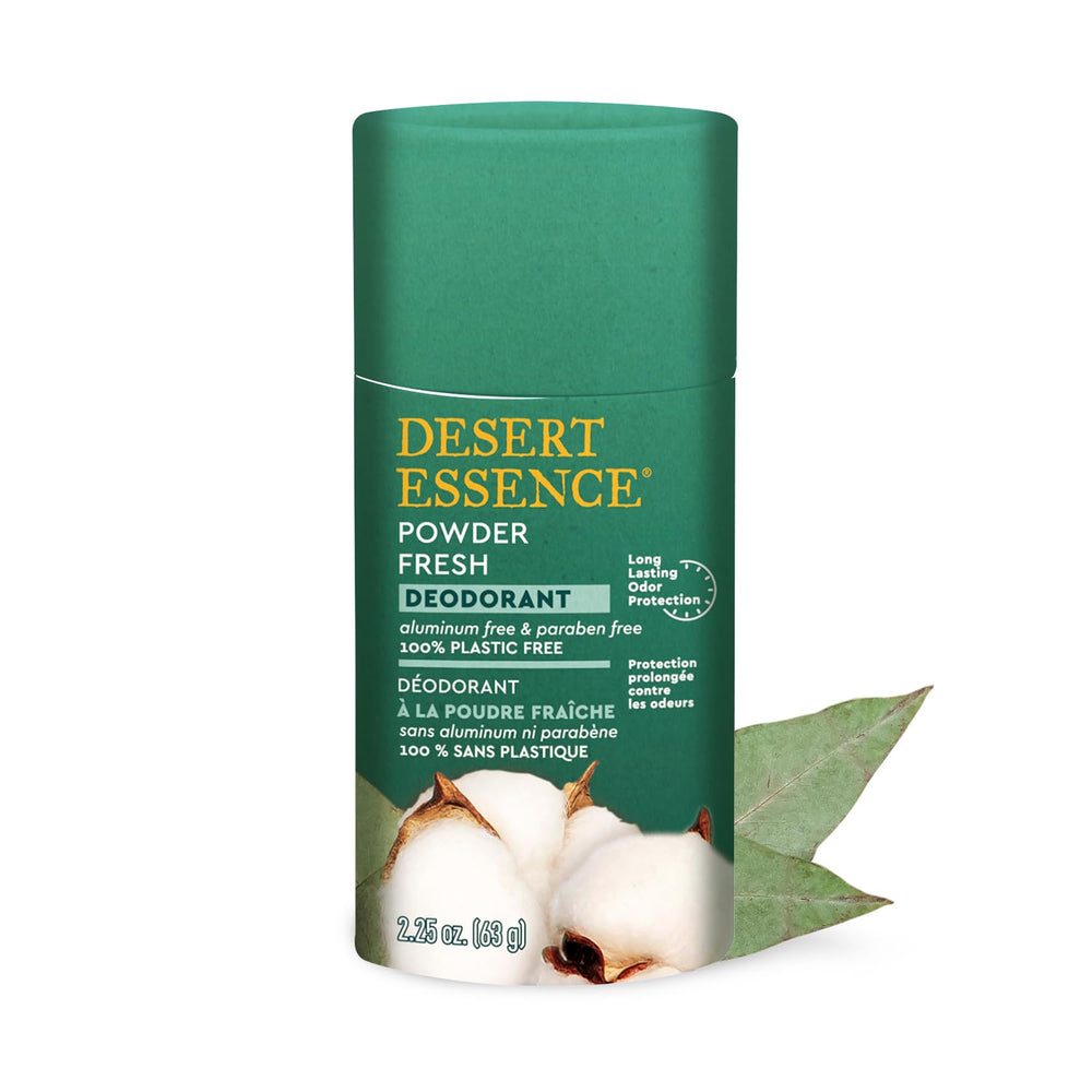 Desert Essence packaging showcases a 100% plastic-free design for eco-friendly care.