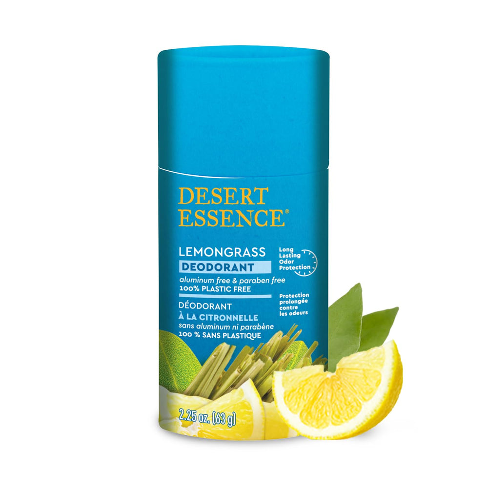 Desert Essence Tea Tree Deodorant lemongrass packaging highlights plastic-free design for sustainable choice.