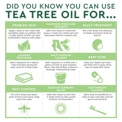 Desert Essence Tea Tree Oil pour shot illustrating versatile cleaning and refreshing uses.