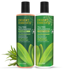 Desert Essence Tea Tree Replenishing Conditioner bottle nourishes hair shine.