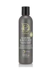 Design Essentials almond avocado shampoo bottle with creamy lather for gentle cleansing that preserves natural oils.