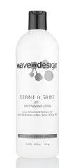 Design Essentials Define & Shine 2-N-1 bottle showing a lightweight finish for frizz control
