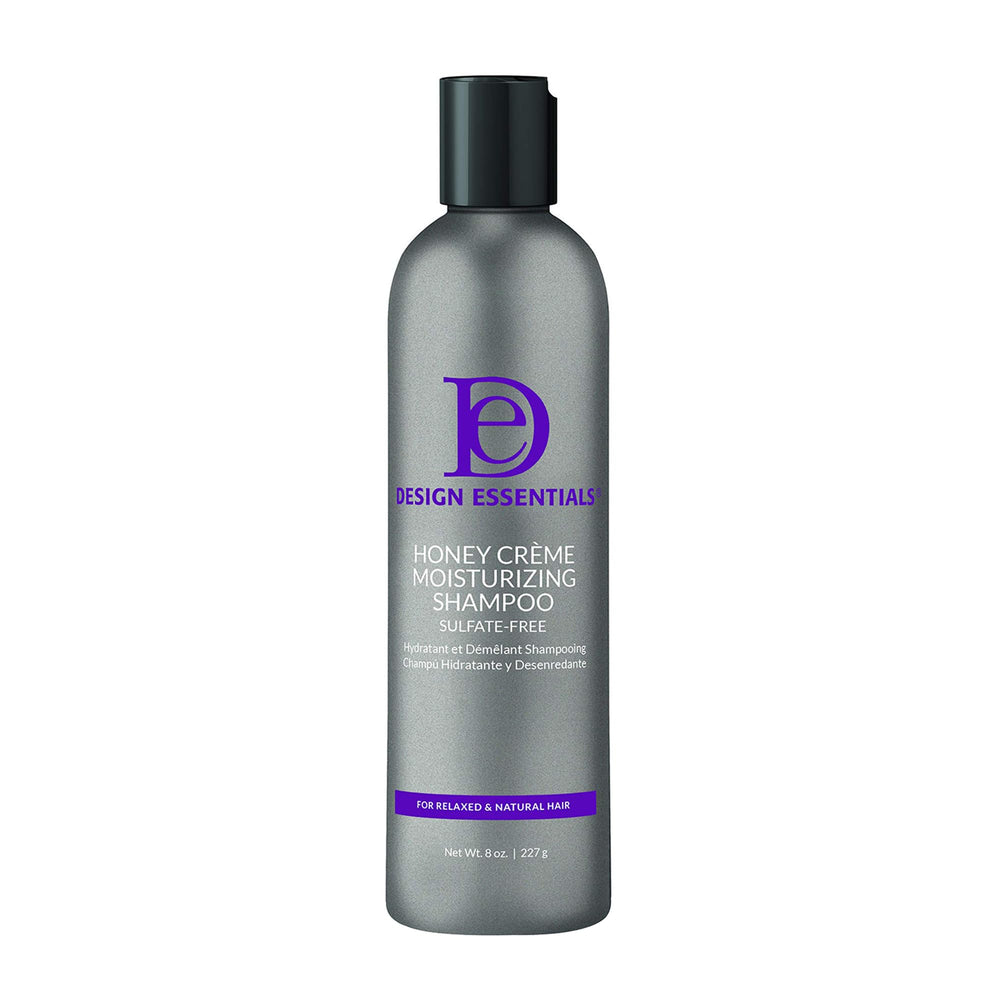 Design Essentials Honey Creme Shampoo bottle demonstrates hydrating formula for detangling.