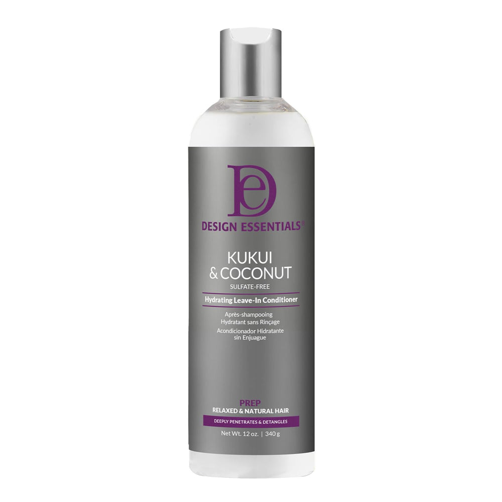 Design Essentials Kukui & Coconut Leave-In bottle for deep moisture on dry hair.