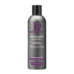 Design Essentials peppermint aloe anti-itch shampoo bottle with cooling sensation for scalp relief.