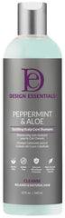 Design Essentials Peppermint & Aloe Therapeutics anti-itch shampoo bottle provides calming relief for itchy, flaky scalp.