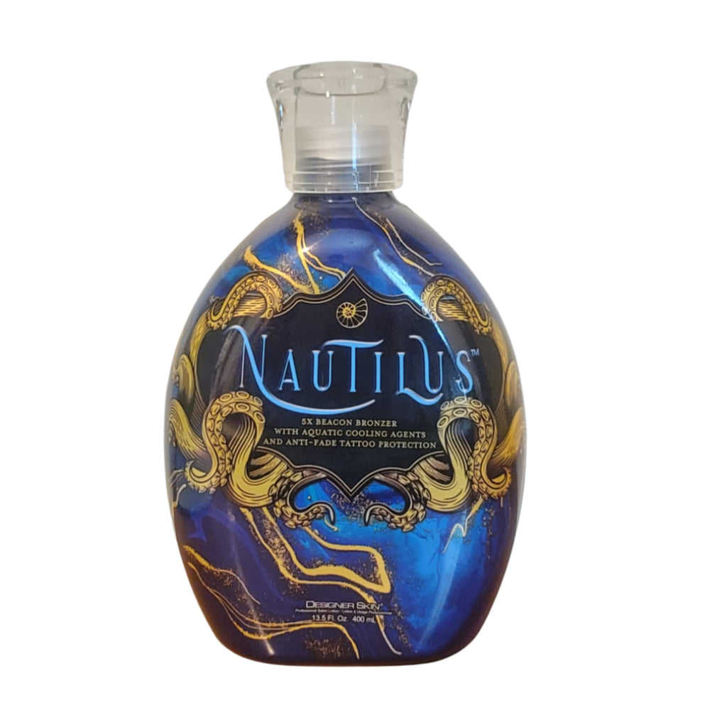 Designer Skin Nautilus tanning lotion bottle front view showing premium packaging and a glow promise